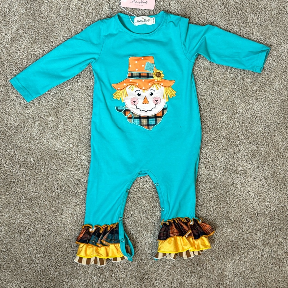 New w/ Tag Marie Nicole 12-18 month Embroidered Scarecrow Romper w Ruffled Legs